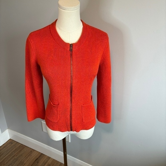 Loft Women's Cropped 3/4 Sleeve Cotton Knit Orange Zippered Cardigan, SZ M - Picture 1 of 9